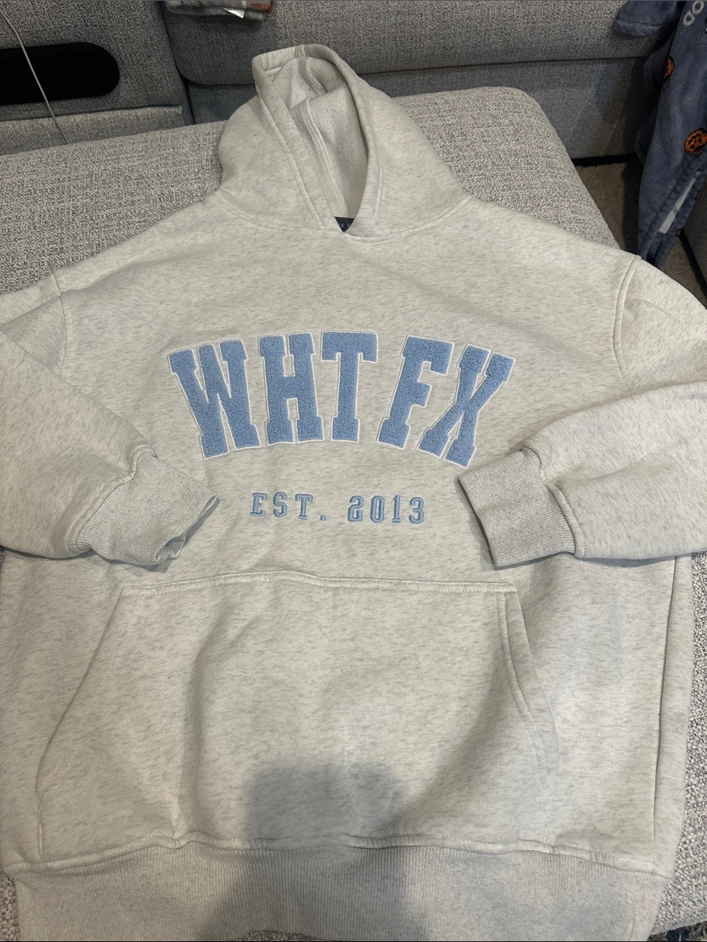 White fox Light Gray Hoodie with Blue Lettering